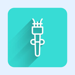 White line Torch flame icon isolated with long shadow. Symbol fire hot, flame power, flaming and heat. Green square button. Vector.