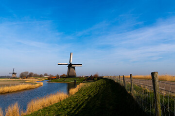Typical Dutch Windmills Country Side in Bright and Vivid Color with Blue Sky Background Wallpaper and River