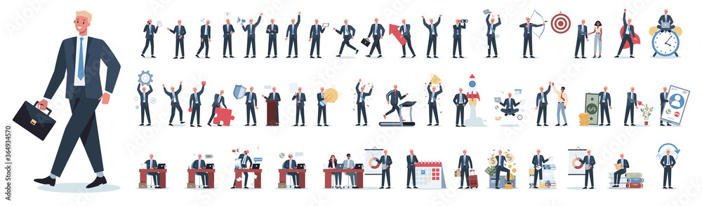 Wall mural businessman character set. poses and meeting, data and hero.