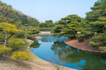 Fototapeta na wymiar Ritsurin Garden in Takamatsu, Kagawa, Japan. Ritsurin Garden is one of the most famous historical gardens in Japan.