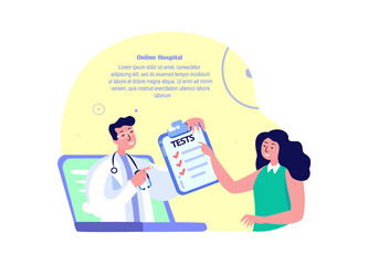 Online Medical Tests Diagnostics.Doctor Consultate Patient Woman.Biohacking Analysis.Internet Virtual Hospital.Health Management.Digital Consultation Medical Diagnostic, Treatment. Vector Illustration