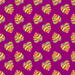Watercolor seamless pattern with colorful monstera leaf on purple background. Botanical print for fabric and wrapping paper. Hand painted tropical illustration.