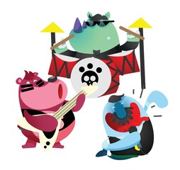 rhinoceros, bear and fish cartoon in a jamming session