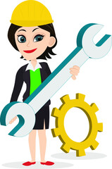 Smart lady worker holding a big Open End Wrench maintenance hard hat clog symbol ready to repair servicing fix problems