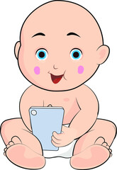Smart newborn baby using a smartphone mobile device technology expert sitting on a floor