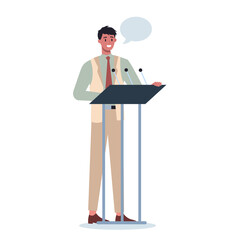 Business character standing behind a lectern. Office worker perform