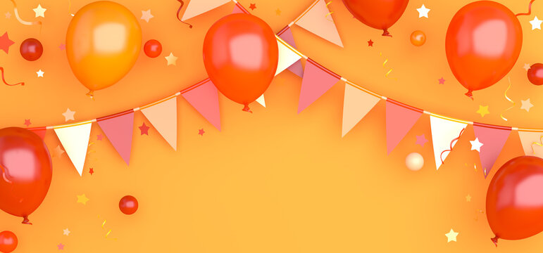 Orange balloons, bunting flags, confetti on background, Autumn concept design, halloween, copy space text, 3D illustration.
