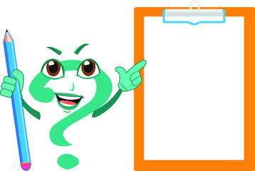 Smart presenter trainer teacher funny question mark character pencil in hand indicating a blank empty task list clipboard template
