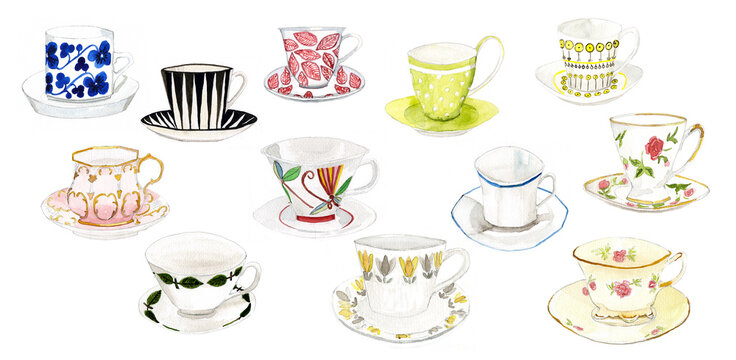 Old designed coffee cups painted in watercolor