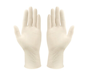 Obraz premium White surgical medical gloves isolated on white background with hands. Rubber glove manufacturing, human hand is wearing a latex glove. Doctor or nurse putting on nitrile protective gloves