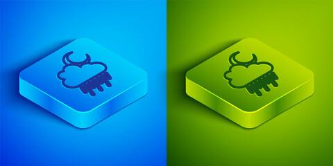 Isometric line Cloud with rain and moon icon isolated on blue and green background. Rain cloud precipitation with rain drops. Square button. Vector.