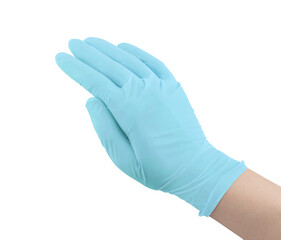 Medical nitrile gloves. Blue surgical gloves isolated on white background with hands. Rubber glove manufacturing, human hand is wearing a latex glove. Doctor or nurse putting on protective gloves