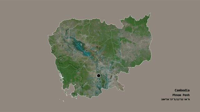 Krong Pailin, municipality of Cambodia, with its capital, localized, outlined and zoomed with informative overlays on a satellite map in the Stereographic projection. Animation 3D