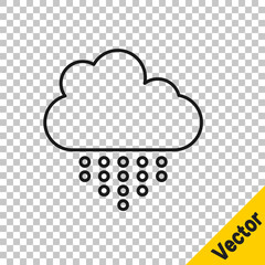 Black line Cloud with rain icon isolated on transparent background. Rain cloud precipitation with rain drops. Vector.