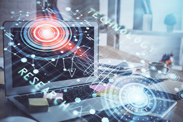 Technology theme drawing and work space with computer. Double exposure. Concept of innovation.