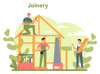 Woodworker or carpenter concept. Builder wearing helmet