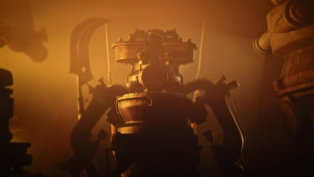 Steampunk warrior robot with glowing eyes in red lit corridor. Sci-fi scene. Cinematic fantasy 3d animation. High quality 4k footage