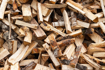 A pile of chopped birch firewood. Harvesting for the winter.