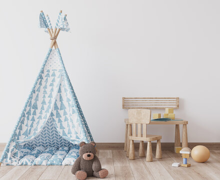 Kids Wall mock up. Kids room interior design in Scandinavian interior, 3d render