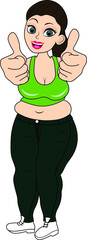 Successful fat woman a famous lady energetic beautiful showing thumbs up with a big smile wearing bra blouse jeans pant