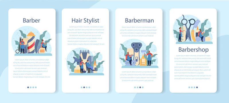 Barber mobile application banner set. Idea of hair and beard care.