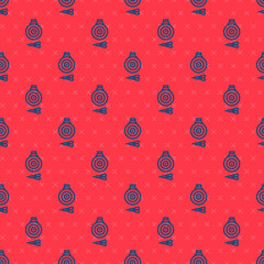 Blue line Classic dart board and arrow icon isolated seamless pattern on red background. Dartboard sign. Game concept. Vector.