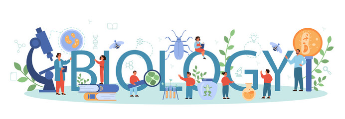 Biology school typographic header concept. Botany lesson. Scientist