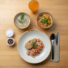 Traditional russian multi-course lunch in a cafe