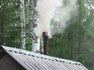 thick smoke comes from the chimney. forest