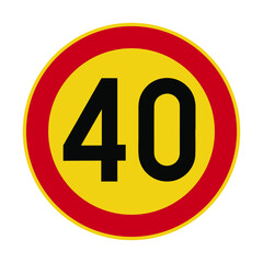 Speed limit 40 km/h icon sign. Traffic sign logo symbol. Vector illustration image. Isolated on white background.	