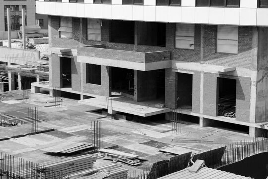 Building and Construction Site in progress to new house, black and white