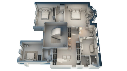 Floor plan of a house top view 3D illustration in grey. Concept design  without colour