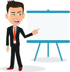 The great business man presenting on a stand white board pointing on the blank template write message text info product service business logo features education mentor manager chairman boss ceo