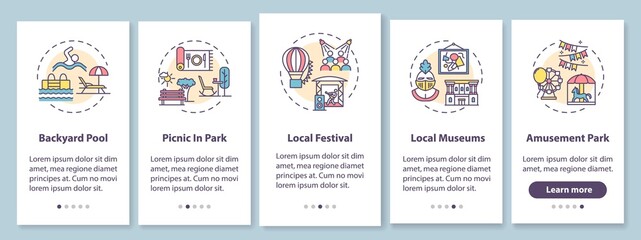 Naklejka premium Holistay ideas onboarding mobile app page screen with concepts. Budget friendly leisure activities walkthrough 5 steps graphic instructions. UI vector template with RGB color illustrations