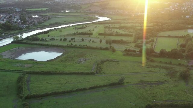 Aerial view of the Welsh town Caerleon in Wales, home of the Roman Amphitheatre