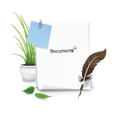 documents with quill and potted plant