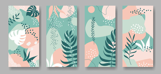 Set of four vector banners with abstract ornament and leaves	
