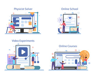 Physics school subject online service or platform set. Scientist explore
