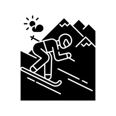 Skiing black glyph icon. Winter vacation, seasonal extreme tourism silhouette symbol on white space. Active recreation at alpine ski resort. Sportsman skiing downhill Vector isolated illustration