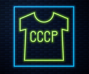 Glowing neon line USSR t-shirt icon isolated on brick wall background. Vector.