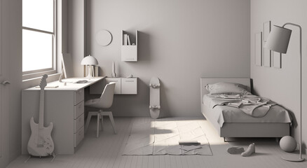 Concepto 3D en gris de habitación dormitorio juvenil con escritorio y decoraciones