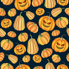 Halloween pumpkins jack lantern pattern.  Jack  lantern  light. Many types pumpkins texture. Scary holiday Halloween background. Colorful cute pumpkin on dark blue backdrop. Hand drawn illustration.