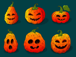 Set Halloween pumpkins. Jack o Lantern collection. Halloween pumpkins faces, cartoon style hand drawn jack pumpkin icons. Many types head jack lantern isolated. Colorful Halloween objects pack.Closeup