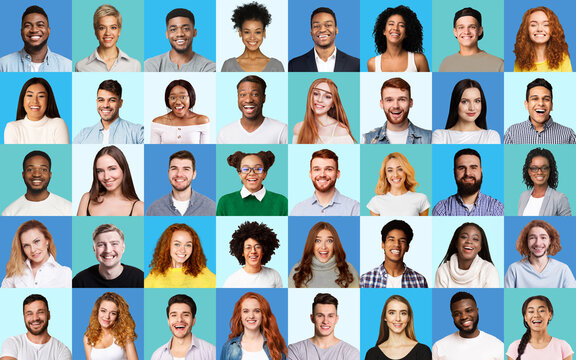 Composite Picture Of Diverse People Expressing Happiness Over Blue Backgrounds