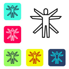 Fototapeta premium Black line Vitruvian Man by Leonardo Da Vinci icon isolated on white background. Human anatomy. Set icons in color square buttons. Vector.