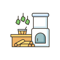 Russian banya RGB color icon. Traditional bathhouse on firewood. Sauna relaxation. National russian oven with brooms and water bucket isolated vector illustration