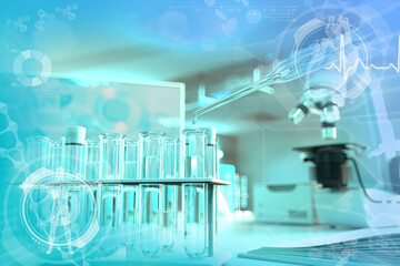 scientific university background or texture - proofs and microscope in office - conceptual medical 3D illustration