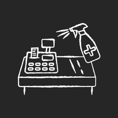 Shop counter disinfection chalk white icon on black background. Public places decontamination, surface cleaning. Cash register and antibacterial spray isolated vector chalkboard illustration