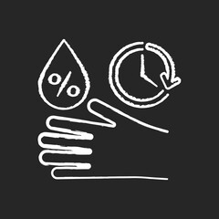 Disinfectant contact time chalk white icon on black background. Antibacterial hand sanitizer use rule. Personal hygiene. Microbe and bacteria protection. Isolated vector chalkboard illustration