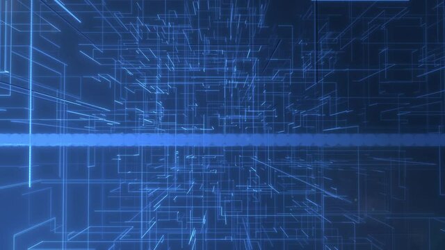 Communication network in blue cyberspace. Abstract animated background in 4k.
